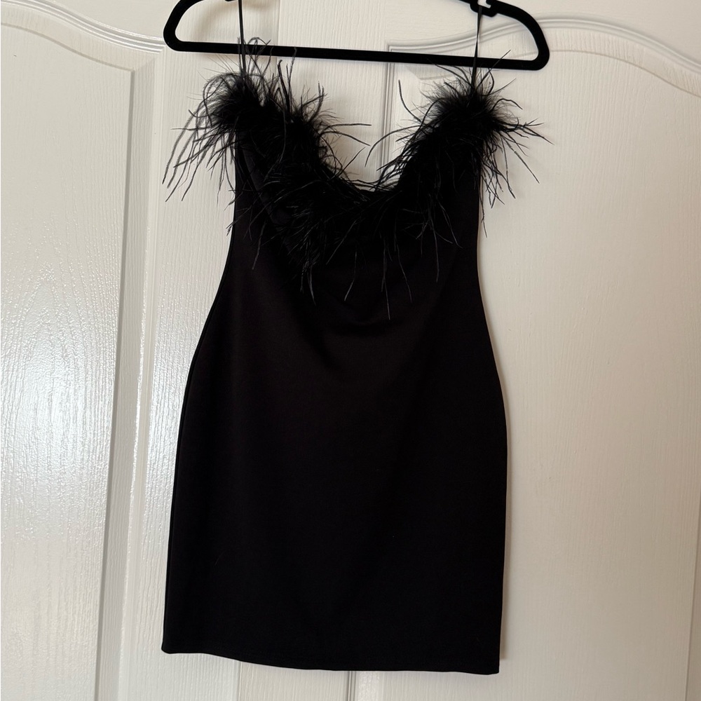 Elegant Black Feather-Trim Mini Dress